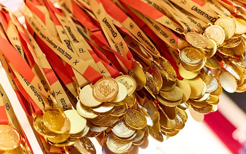 Close-up of medals from the 2026 FIRST LEGO League final