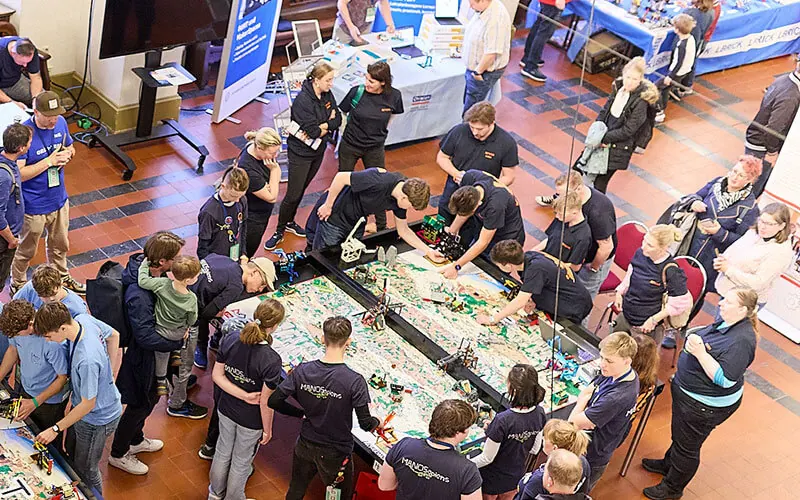Overhead view of several competition tables during the final