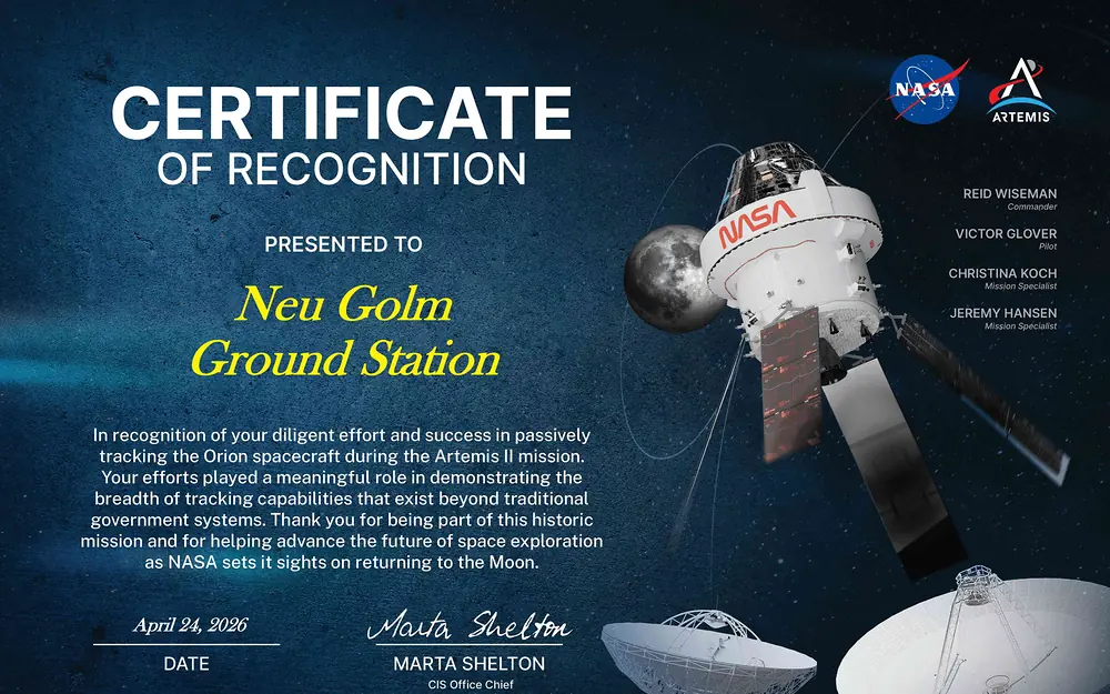 Certificate of Recognition from NASA Space Communications and Navigation for the Neu Golm Ground Station